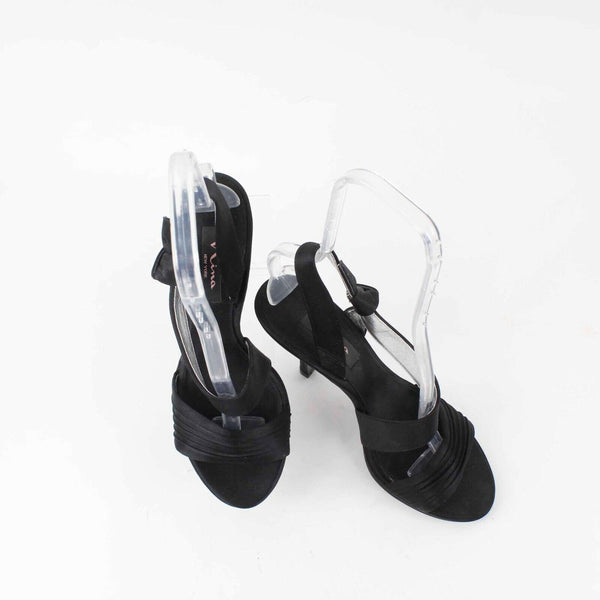 Nina Sz 9M Black Satin 4.5" High Heel Open Toe Slingback Heels