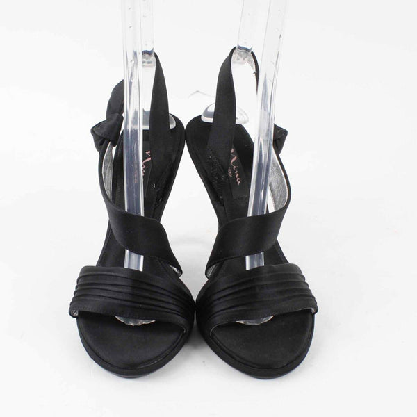 Nina Sz 9M Black Satin 4.5" High Heel Open Toe Slingback Heels