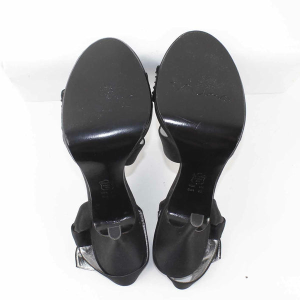 Nina Sz 9M Black Satin 4.5" High Heel Open Toe Slingback Heels
