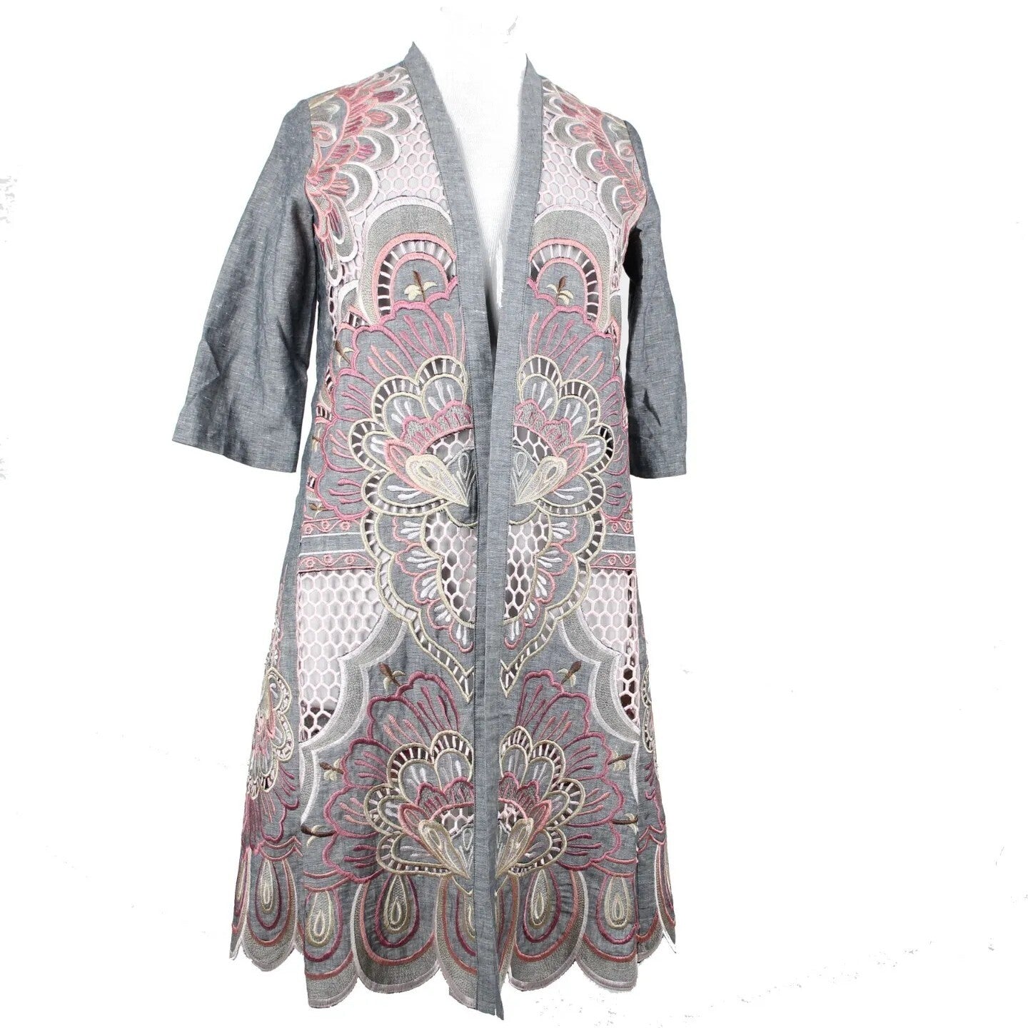Chicos NEW $199 Sz S M Gray Pink Novelty Kimono Scalloped Hem Linen Poly Jacket