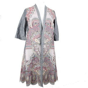 Chicos NEW $199 Sz S M Gray Pink Novelty Kimono Scalloped Hem Linen Poly Jacket