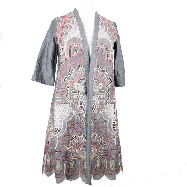 Chicos NEW $199 Sz S M Gray Pink Novelty Kimono Scalloped Hem Linen Poly Jacket
