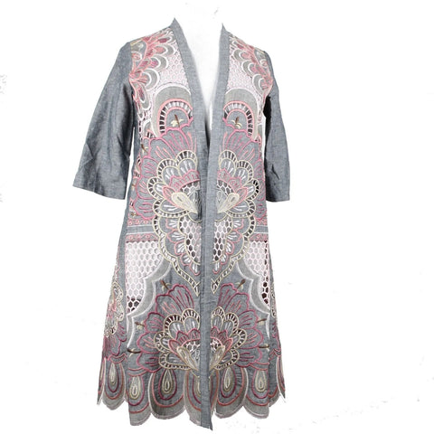 Chicos NEW $199 Sz S M Gray Pink Novelty Kimono Scalloped Hem Linen Poly Jacket