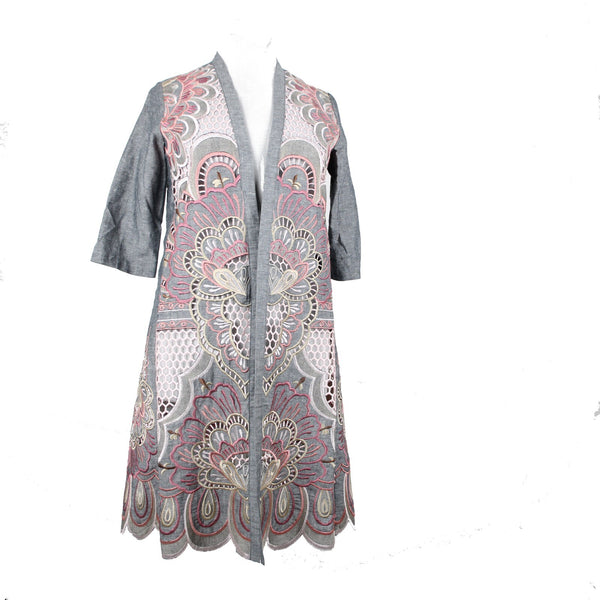Chicos NEW $199 Sz S M Gray Pink Novelty Kimono Scalloped Hem Linen Poly Jacket