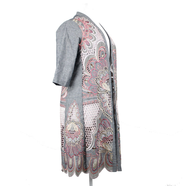 Chicos NEW $199 Sz S M Gray Pink Novelty Kimono Scalloped Hem Linen Poly Jacket