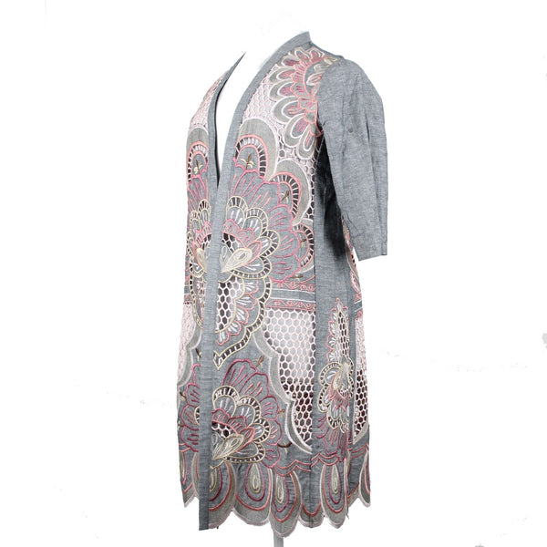 Chicos NEW $199 Sz S M Gray Pink Novelty Kimono Scalloped Hem Linen Poly Jacket