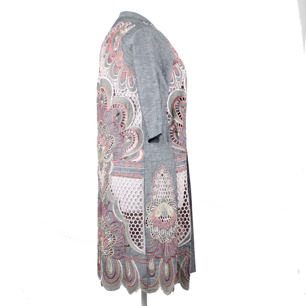 Chicos NEW $199 Sz S M Gray Pink Novelty Kimono Scalloped Hem Linen Poly Jacket