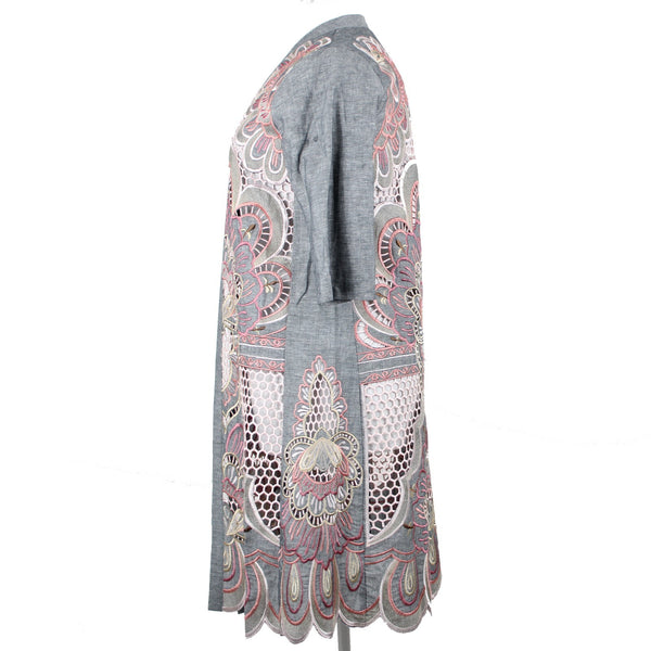 Chicos NEW $199 Sz S M Gray Pink Novelty Kimono Scalloped Hem Linen Poly Jacket