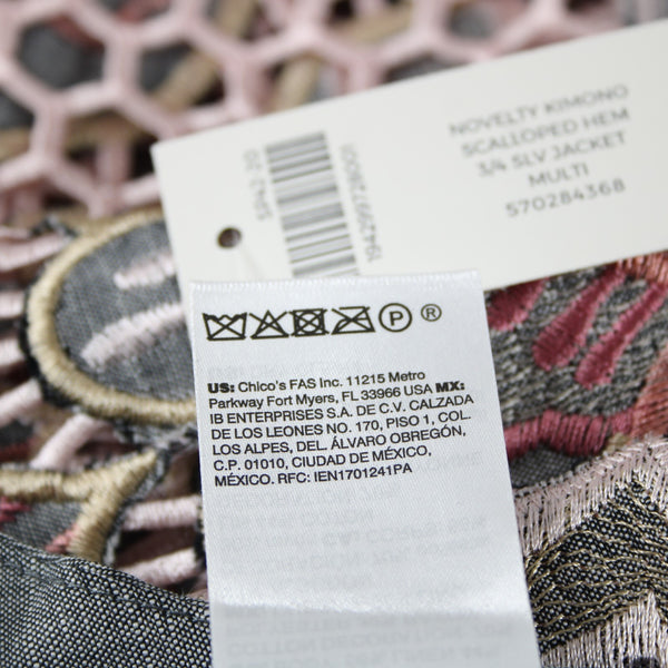 Chicos NEW $199 Sz S M Gray Pink Novelty Kimono Scalloped Hem Linen Poly Jacket