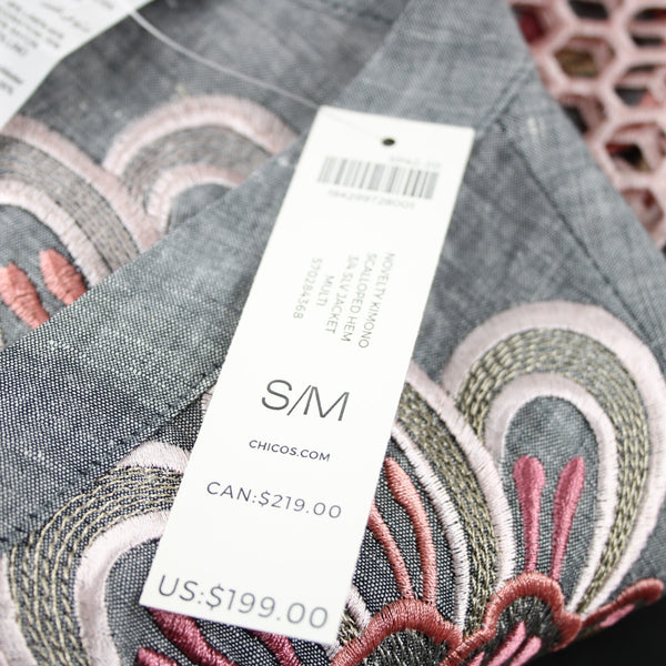 Chicos NEW $199 Sz S M Gray Pink Novelty Kimono Scalloped Hem Linen Poly Jacket