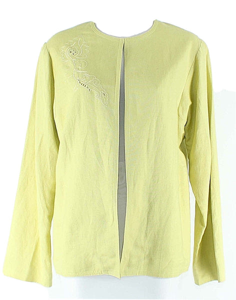 JH Sz S Lime Open Front Embroidered Linen Rayon Polyester Cotton Lined Jacket