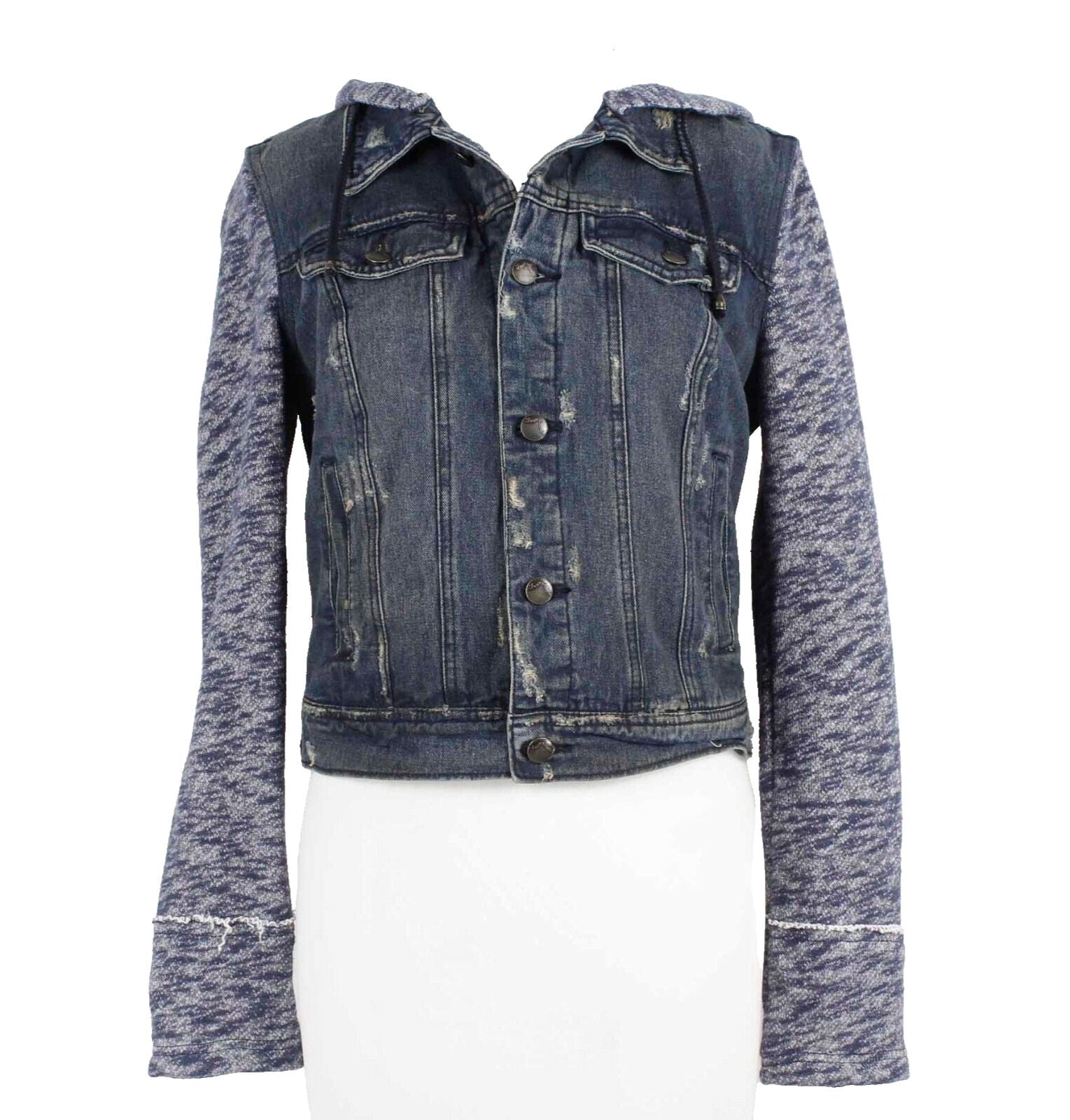 Free People Sz SP Dark Denim Distressed Hood 100% Cotton Jacket