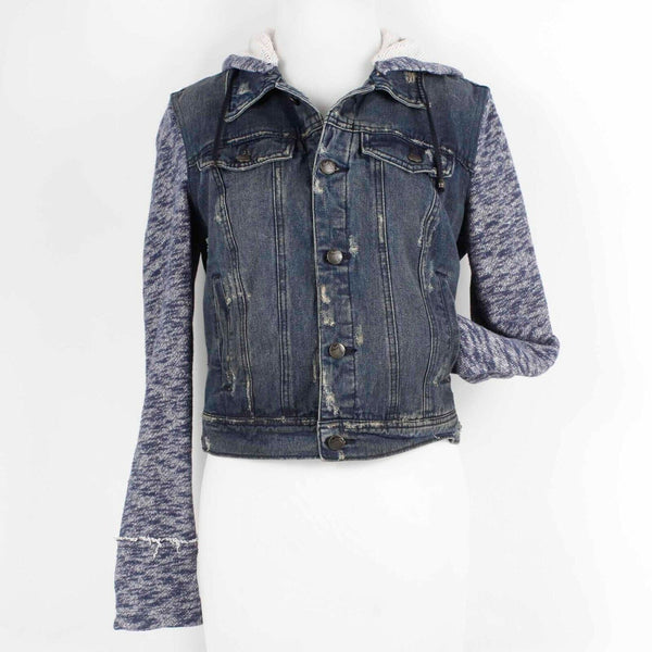 Free People Sz SP Dark Denim Distressed Hood 100% Cotton Jacket