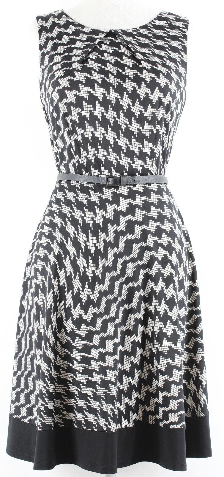 AB Studio Sz S Black Ivory Belted Fit n Flare Poly Blend Dress