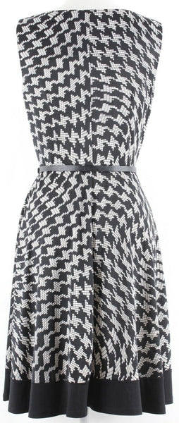AB Studio Sz S Black Ivory Belted Fit n Flare Poly Blend Dress