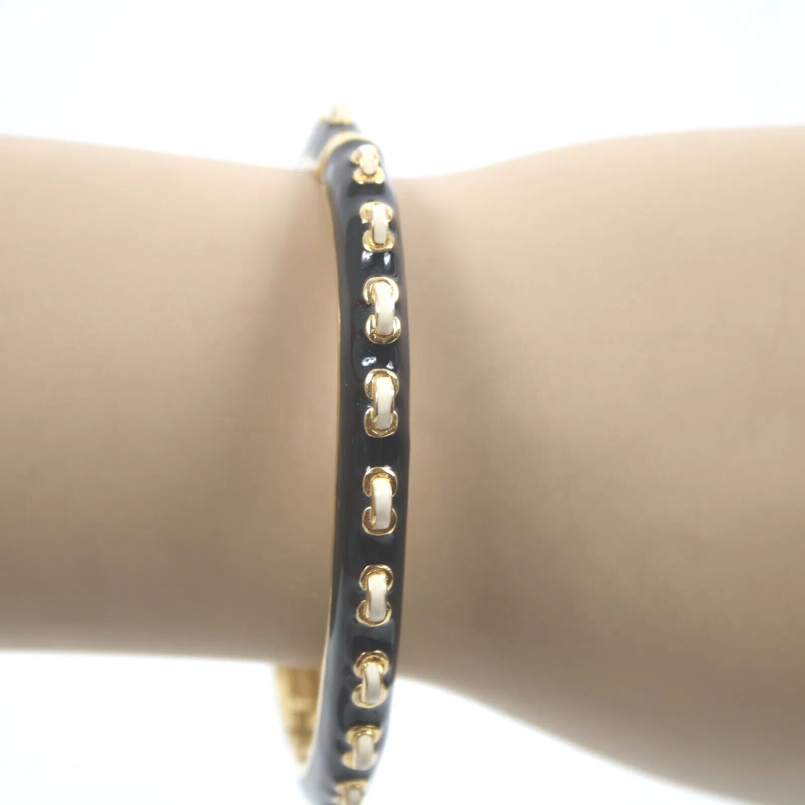 St John Goldtone Hardware Black Cream Enamel Push Lock Bangle Bracelet