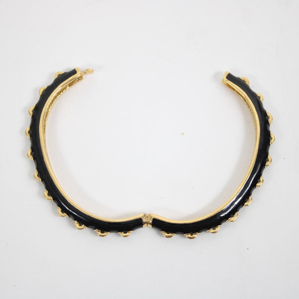 St John Goldtone Hardware Black Cream Enamel Push Lock Bangle Bracelet