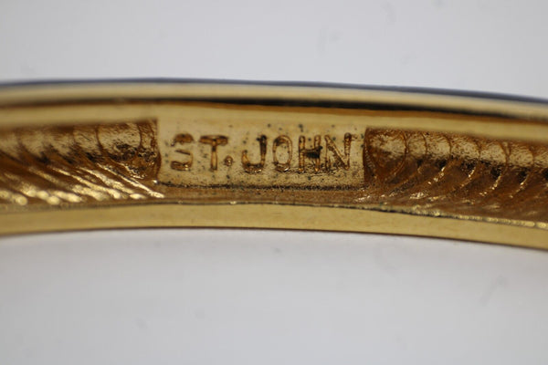 St John Goldtone Hardware Black Cream Enamel Push Lock Bangle Bracelet