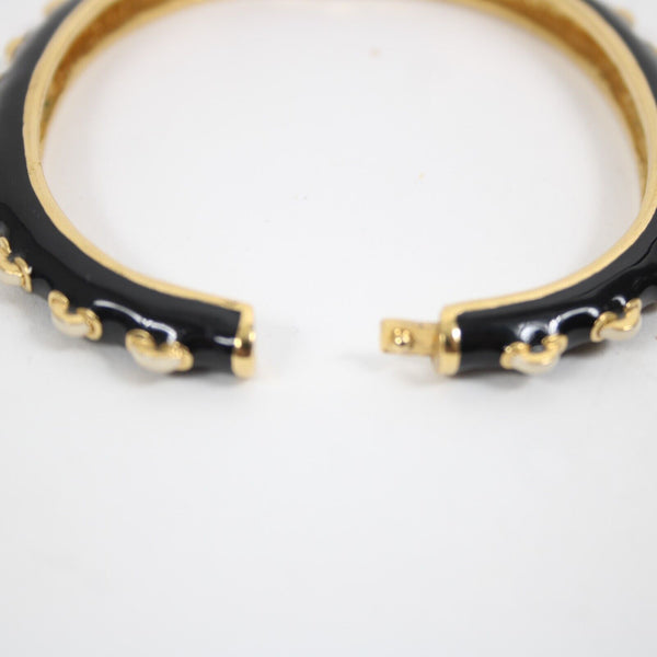 St John Goldtone Hardware Black Cream Enamel Push Lock Bangle Bracelet