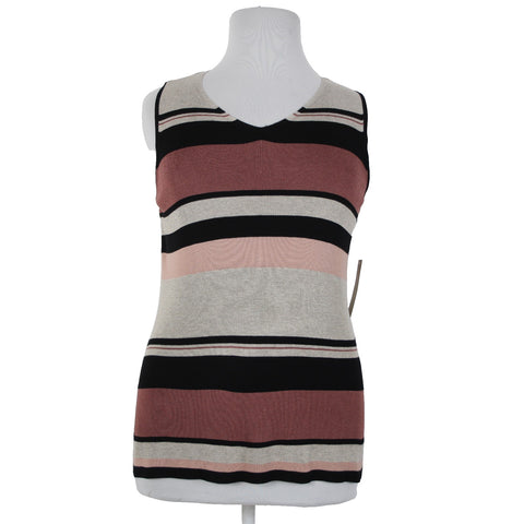 Chicos NEW $60 Sz 3 Black Tan Multi Color Striped Rayon Polyester Tank Top