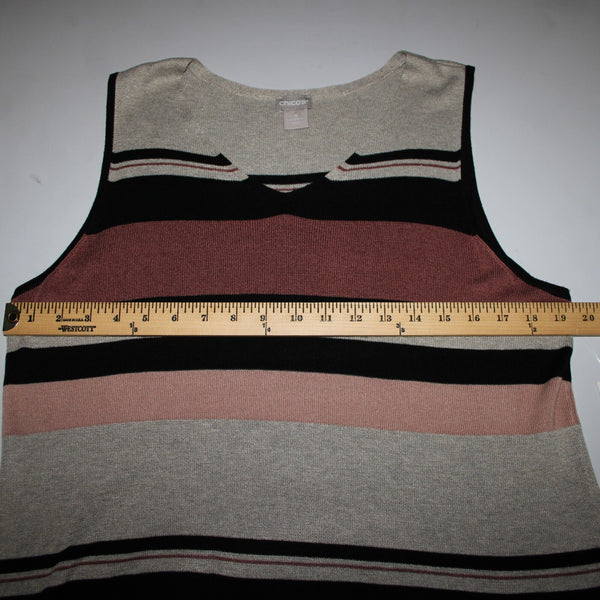 Chicos NEW $60 Sz 3 Black Tan Multi Color Striped Rayon Polyester Tank Top