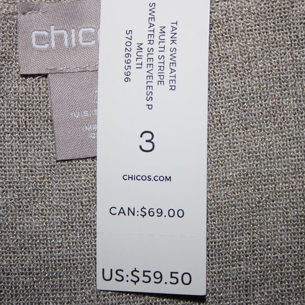 Chicos NEW $60 Sz 3 Black Tan Multi Color Striped Rayon Polyester Tank Top