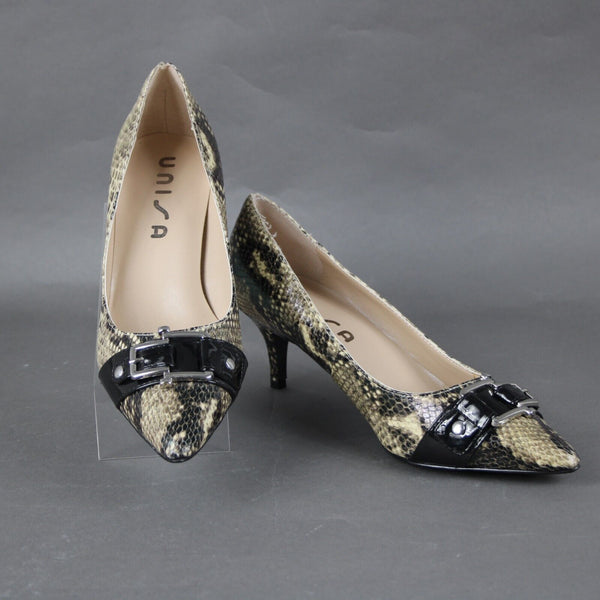 Unisa Uncarream Sz 8.5 M Black Tan Reptile Print Buckle Detail All Man Made Heel