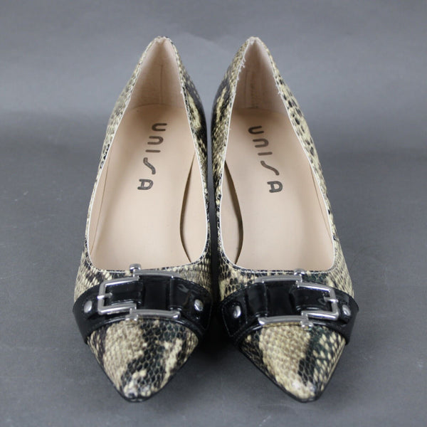 Unisa Uncarream Sz 8.5 M Black Tan Reptile Print Buckle Detail All Man Made Heel