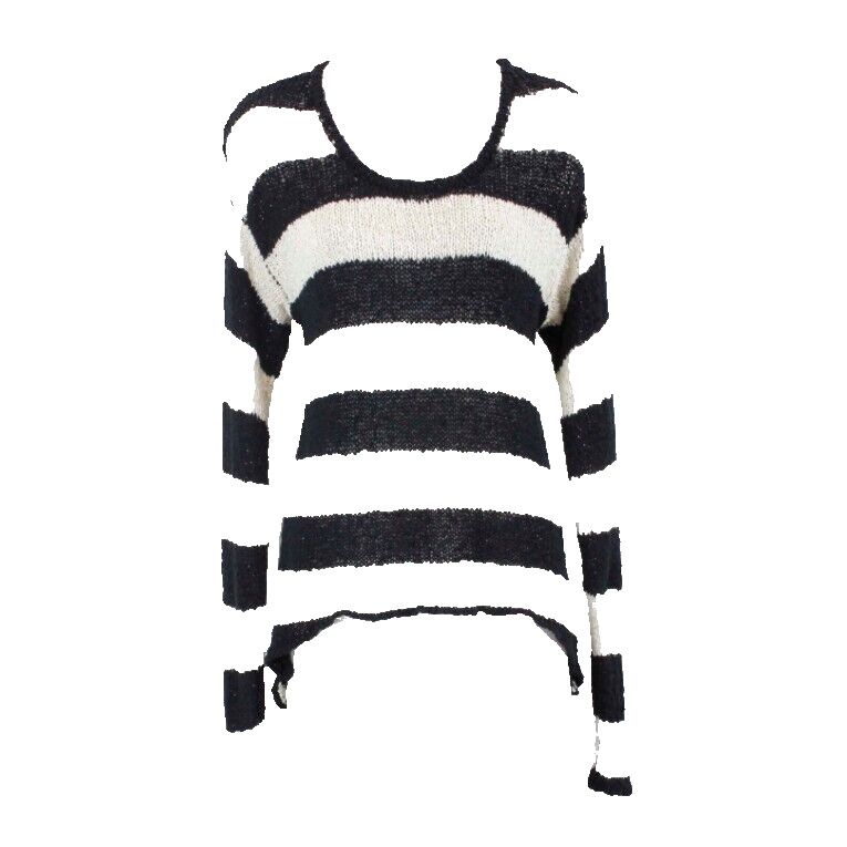 Olivaceous Sz S Black Cream Textured Stripe Knit Cotton Nylon Hi Lo Sweater