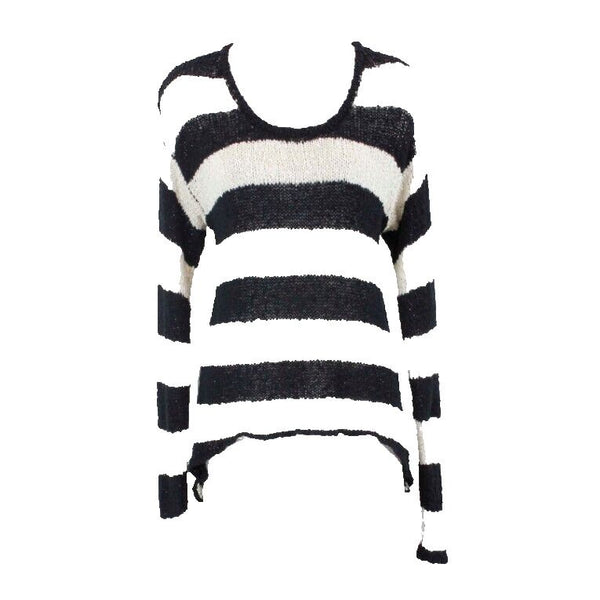 Olivaceous Sz S Black Cream Textured Stripe Knit Cotton Nylon Hi Lo Sweater