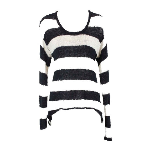 Olivaceous Sz S Black Cream Textured Stripe Knit Cotton Nylon Hi Lo Sweater
