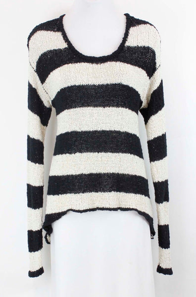 Olivaceous Sz S Black Cream Textured Stripe Knit Cotton Nylon Hi Lo Sweater