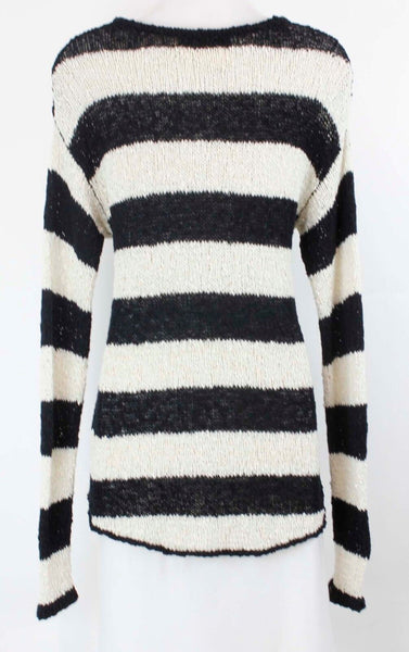 Olivaceous Sz S Black Cream Textured Stripe Knit Cotton Nylon Hi Lo Sweater