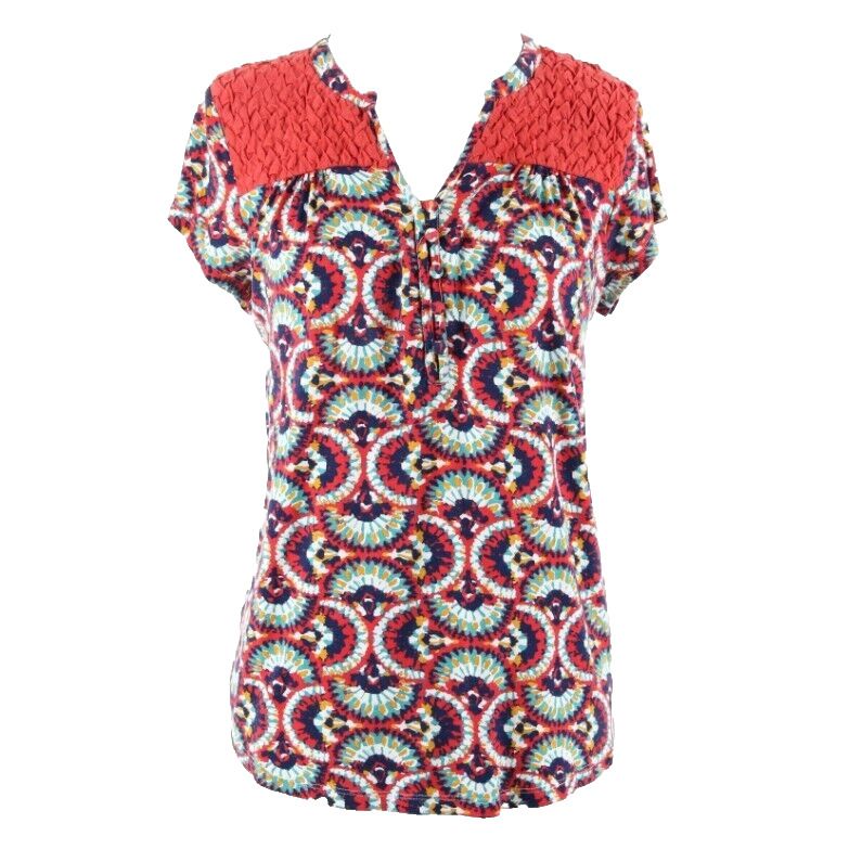 Porridge Sz XS Rust Navy Blue Aqua Multi Textured Shoulder Rayon Blend Top