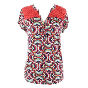 Porridge Sz XS Rust Navy Blue Aqua Multi Textured Shoulder Rayon Blend Top