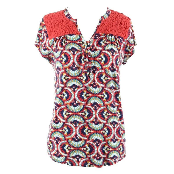 Porridge Sz XS Rust Navy Blue Aqua Multi Textured Shoulder Rayon Blend Top