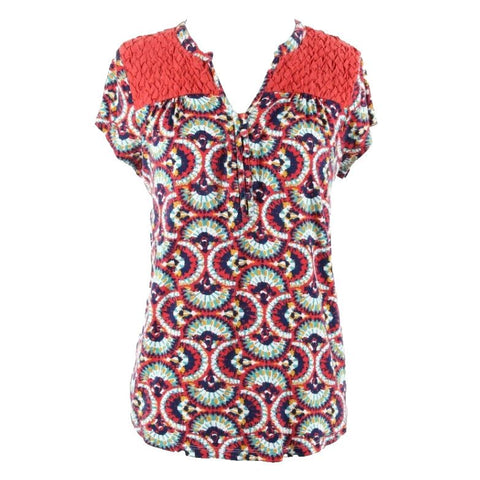 Porridge Sz XS Rust Navy Blue Aqua Multi Textured Shoulder Rayon Blend Top