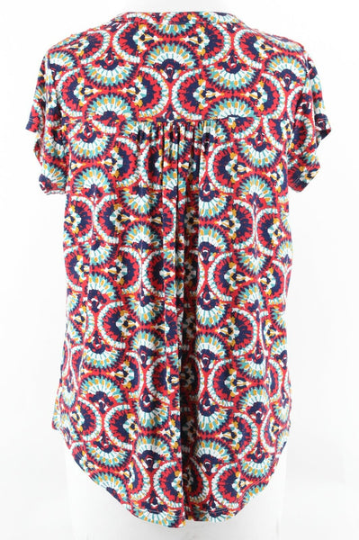 Porridge Sz XS Rust Navy Blue Aqua Multi Textured Shoulder Rayon Blend Top