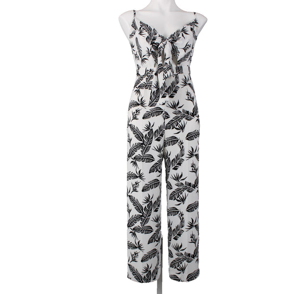 Jay Godfrey Jumpsuit Sz 6 White Black Printed Knot Front 100% Poly Jumpsuit