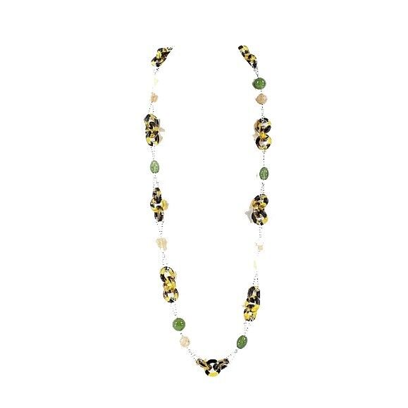 T Brand 38" +3" Ext. Silvertone Green Tortoise Mixed Media Long Necklace