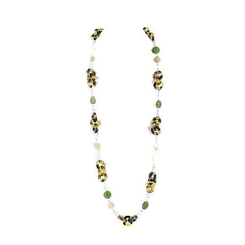 T Brand 38" +3" Ext. Silvertone Green Tortoise Mixed Media Long Necklace