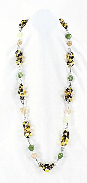 T Brand 38" +3" Ext. Silvertone Green Tortoise Mixed Media Long Necklace