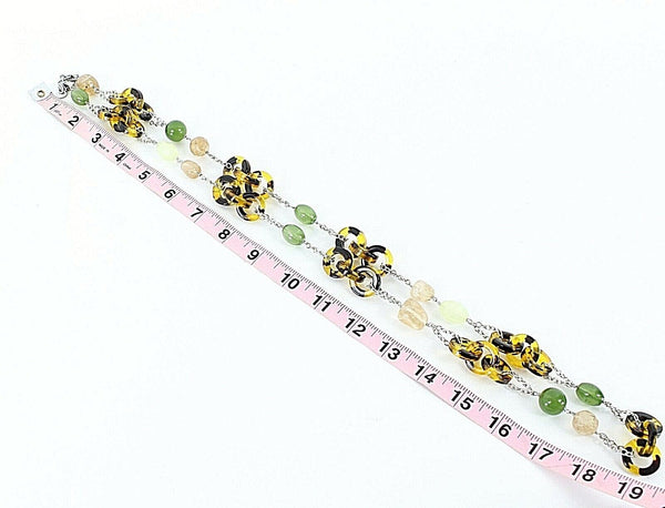 T Brand 38" +3" Ext. Silvertone Green Tortoise Mixed Media Long Necklace