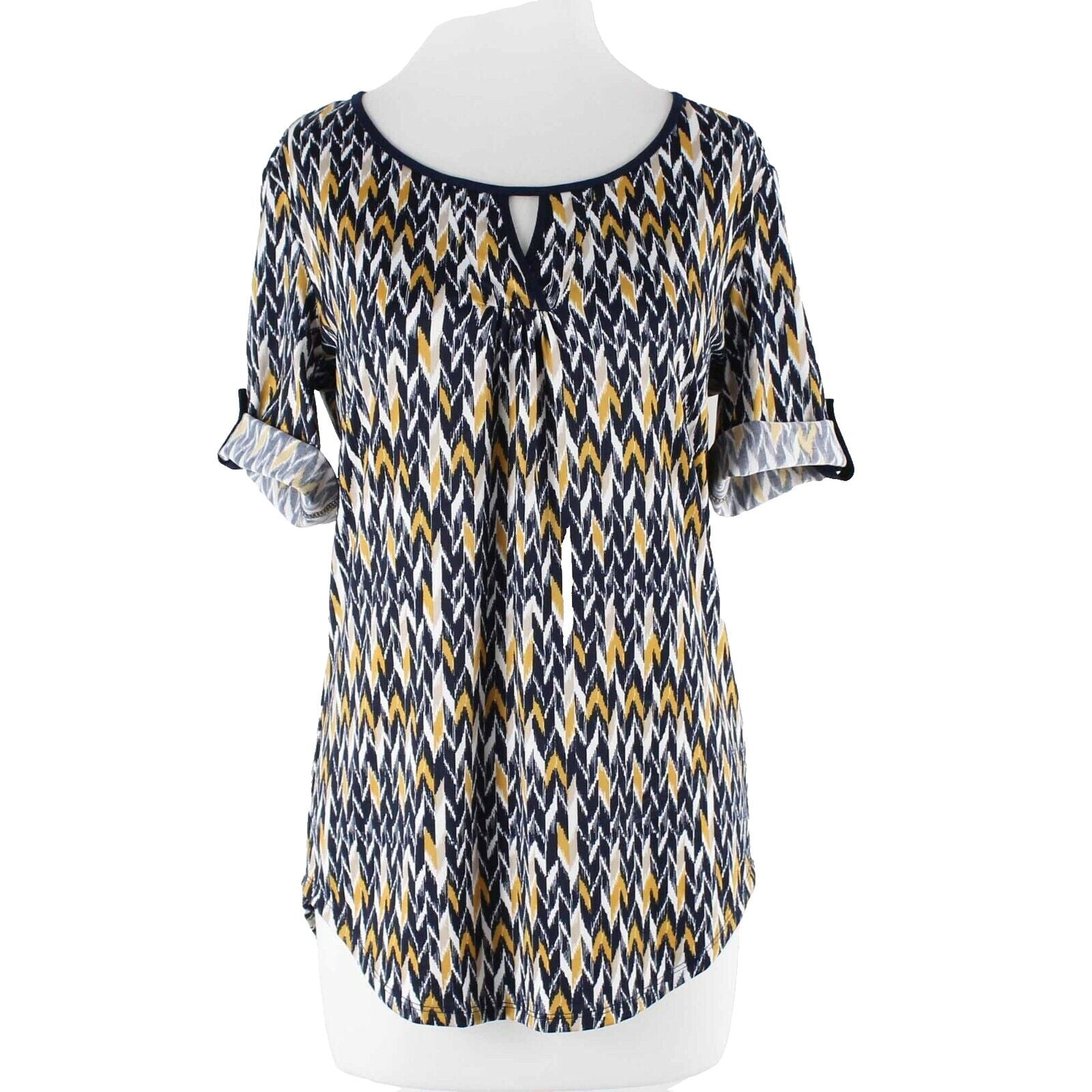 PerSeption Concept Sz S Navy Blue Multi Gathered Front Poly Blend Top