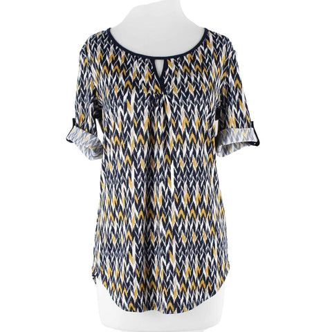 PerSeption Concept Sz S Navy Blue Multi Gathered Front Poly Blend Top