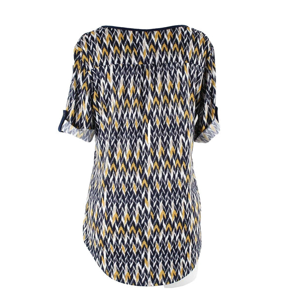 PerSeption Concept Sz S Navy Blue Multi Gathered Front Poly Blend Top