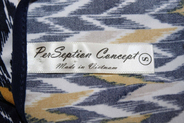 PerSeption Concept Sz S Navy Blue Multi Gathered Front Poly Blend Top