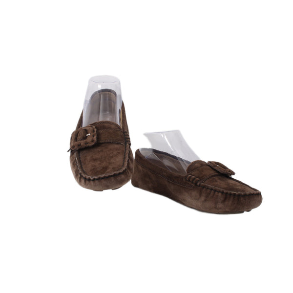 UGG Slippers Sz 6.5 Brown Buckle Detail Slip On Leather Suede Fur Slippers