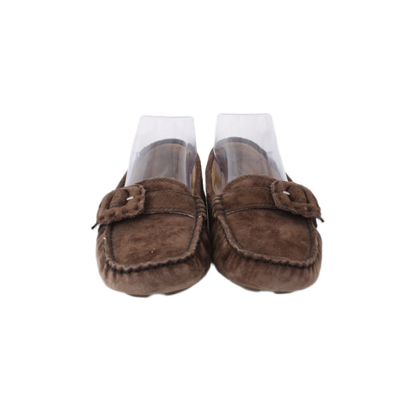 UGG Slippers Sz 6.5 Brown Buckle Detail Slip On Leather Suede Fur Slippers