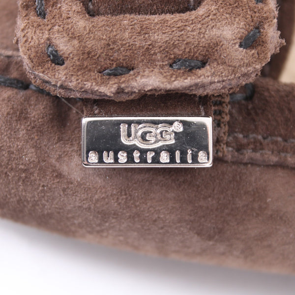 UGG Slippers Sz 6.5 Brown Buckle Detail Slip On Leather Suede Fur Slippers